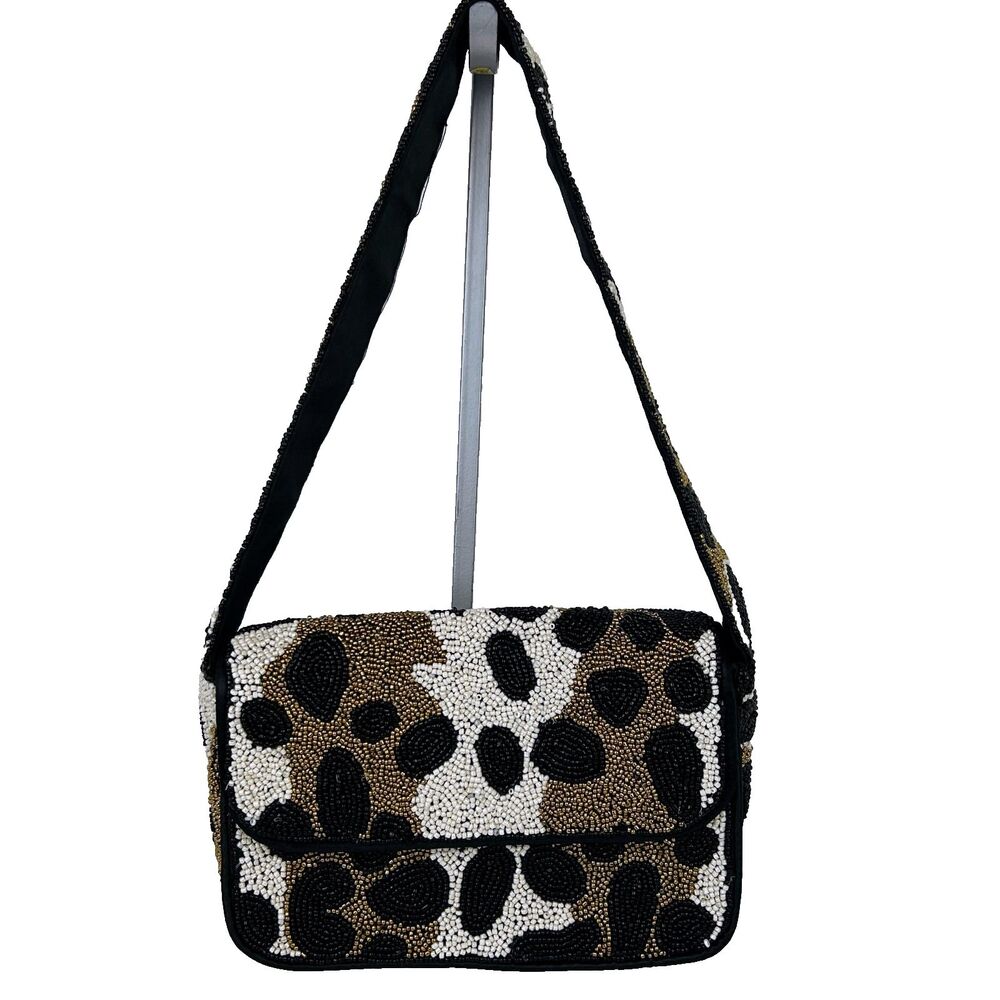 NWOT Rachel Zoe Made in India Beaded Shoulder Bag Abstract Leopard Brown Black